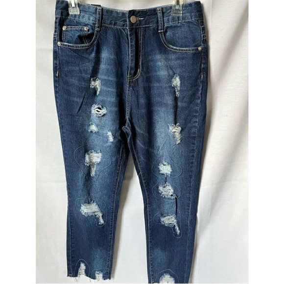 Fashion Nova Dark Blue Distressed Ankle Jeans - Picture 1 of 10